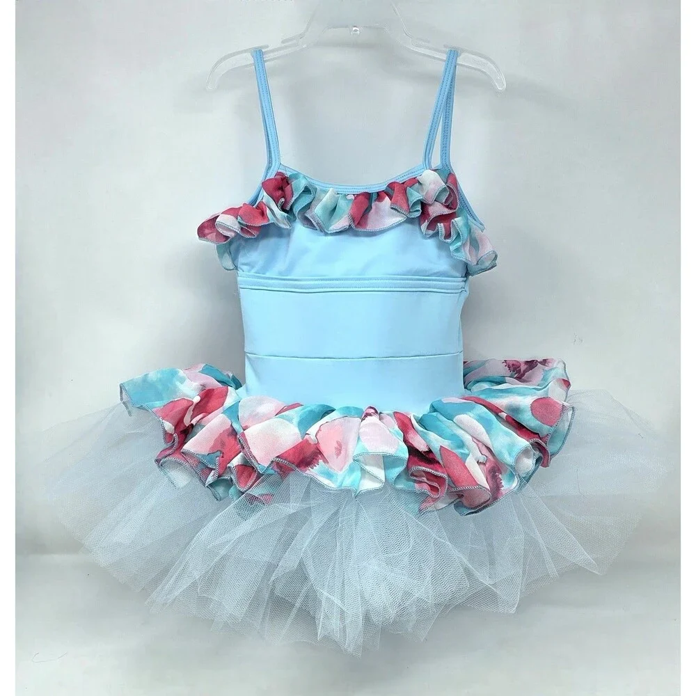 Duck Crossing Girls Ruffle Ballet Tutu Dress 1pc Skirted Leotard Tulle Blue Pink